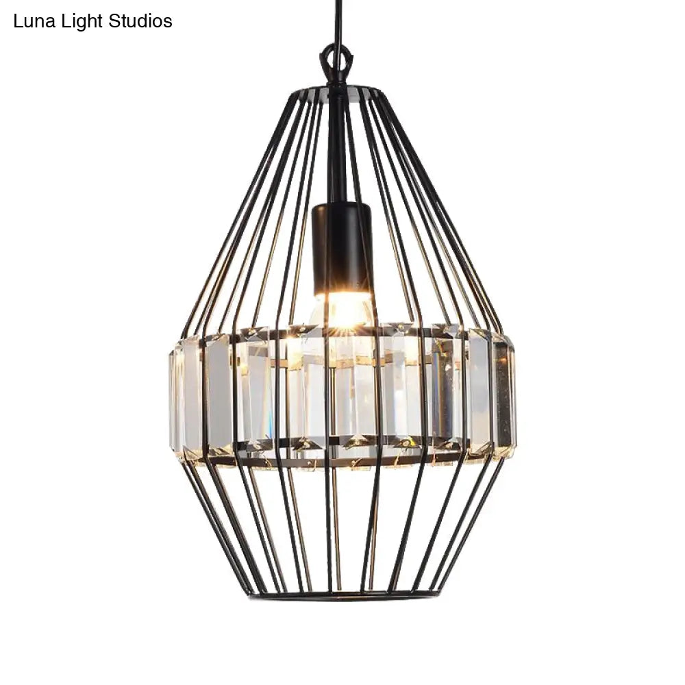 Black Geometric Metal Cage Pendant Light with Crystal Block