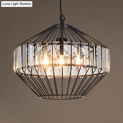 Black Geometric Metal Cage Pendant Light with Crystal Block