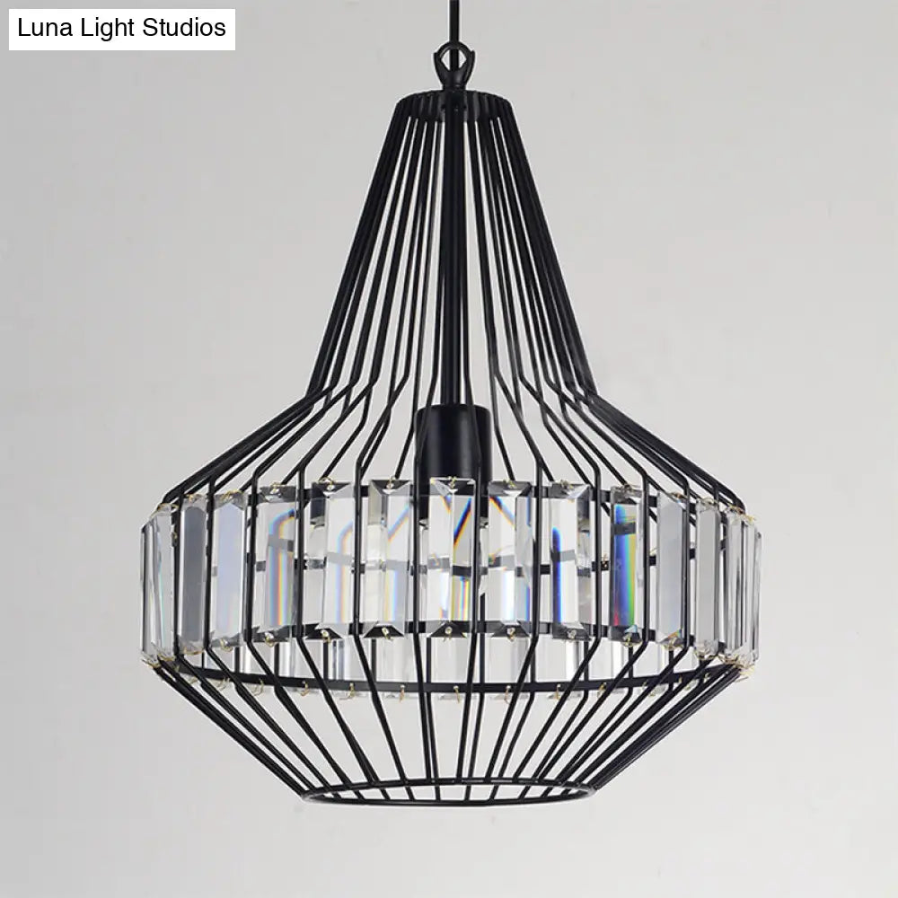 Black Geometric Metal Cage Pendant Light with Crystal Block