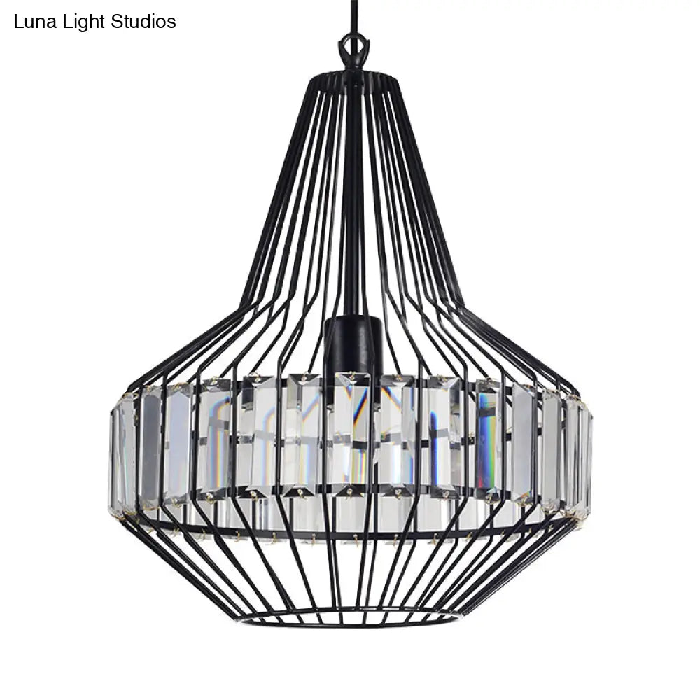 Black Geometric Metal Cage Pendant Light with Crystal Block