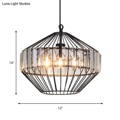 Black Geometric Metal Cage Pendant Light with Crystal Block