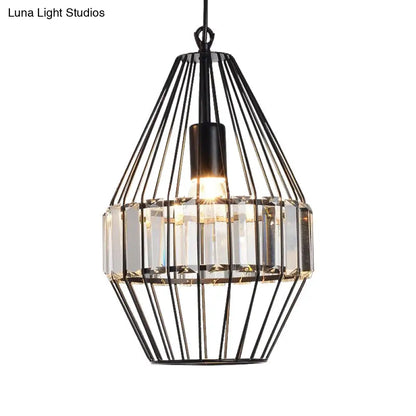 Black Geometric Metal Cage Pendant Light with Crystal Block