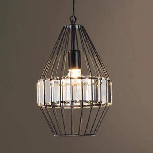 Black Geometric Metal Cage Pendant Light with Crystal Block