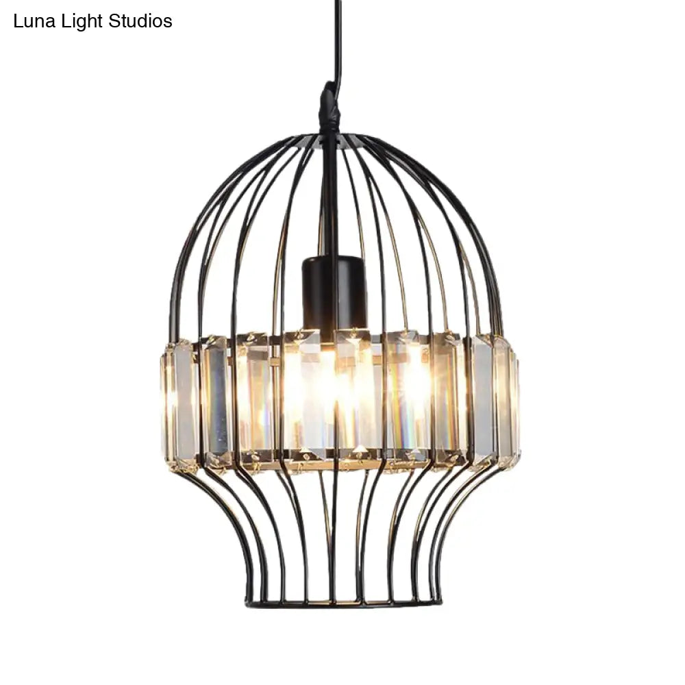 Black Geometric Metal Cage Pendant Light with Crystal Block