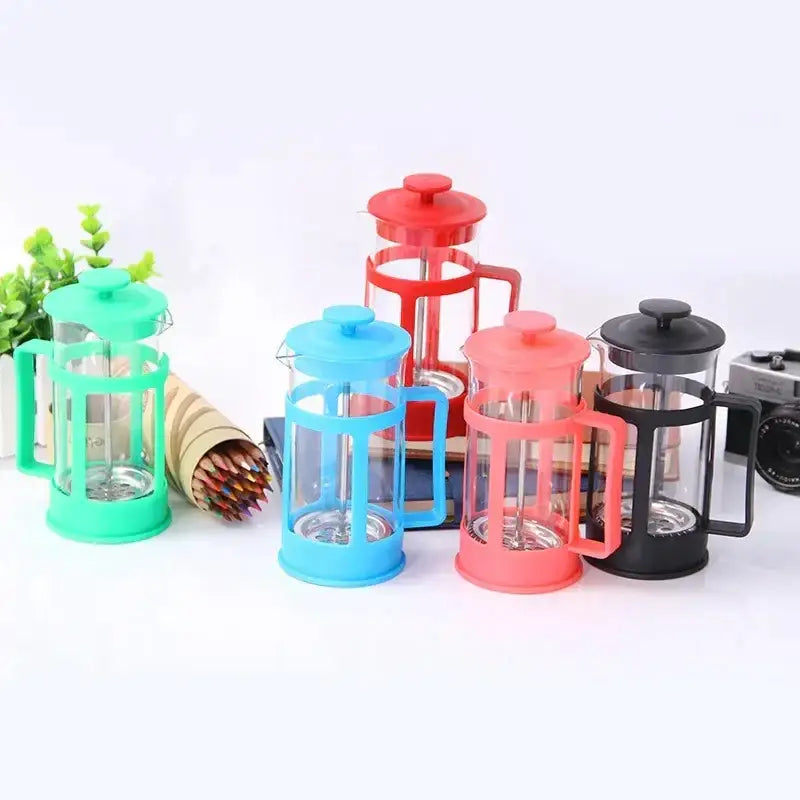 Colorful glass 350ml french press coffee makers with silicone handles and lids in green blue red pink and black for kitchen use