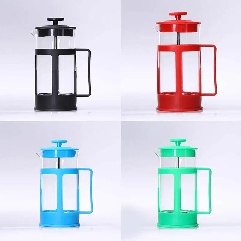 Four 350ml french press coffee makers with black, red, blue, and green plastic frames and clear glass bodies for kitchen use
