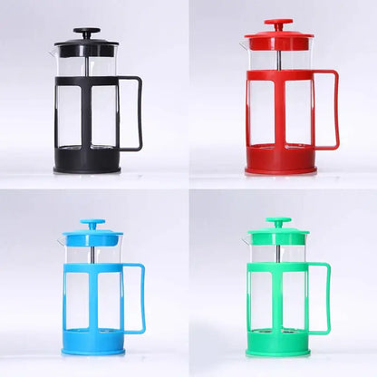 Four 350ml french press coffee makers with black, red, blue, and green plastic frames and clear glass bodies for kitchen use