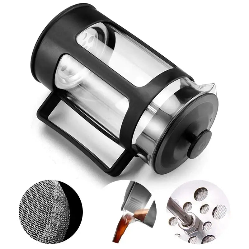 Black-handled glass 350ml french press with stainless steel plunger and filter for coffee and tea making