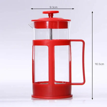 Red plastic-framed glass 350ml french press with matching red lid and handle for kitchen coffee and tea making