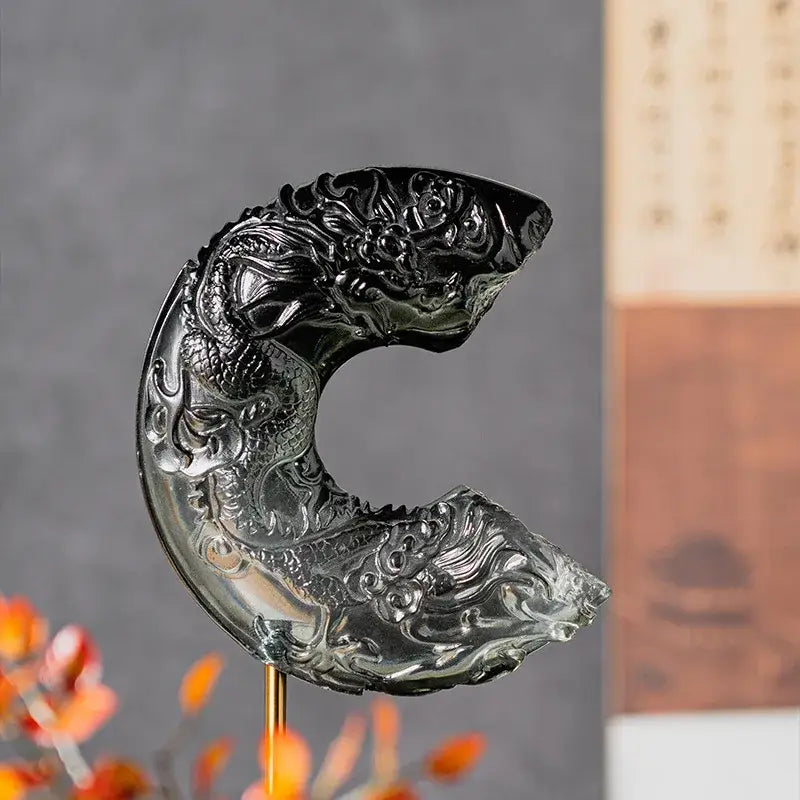 Black glass dragon sculpture decorbites crescent moon with intricate swirling motifs for living room decorbites crescent moon