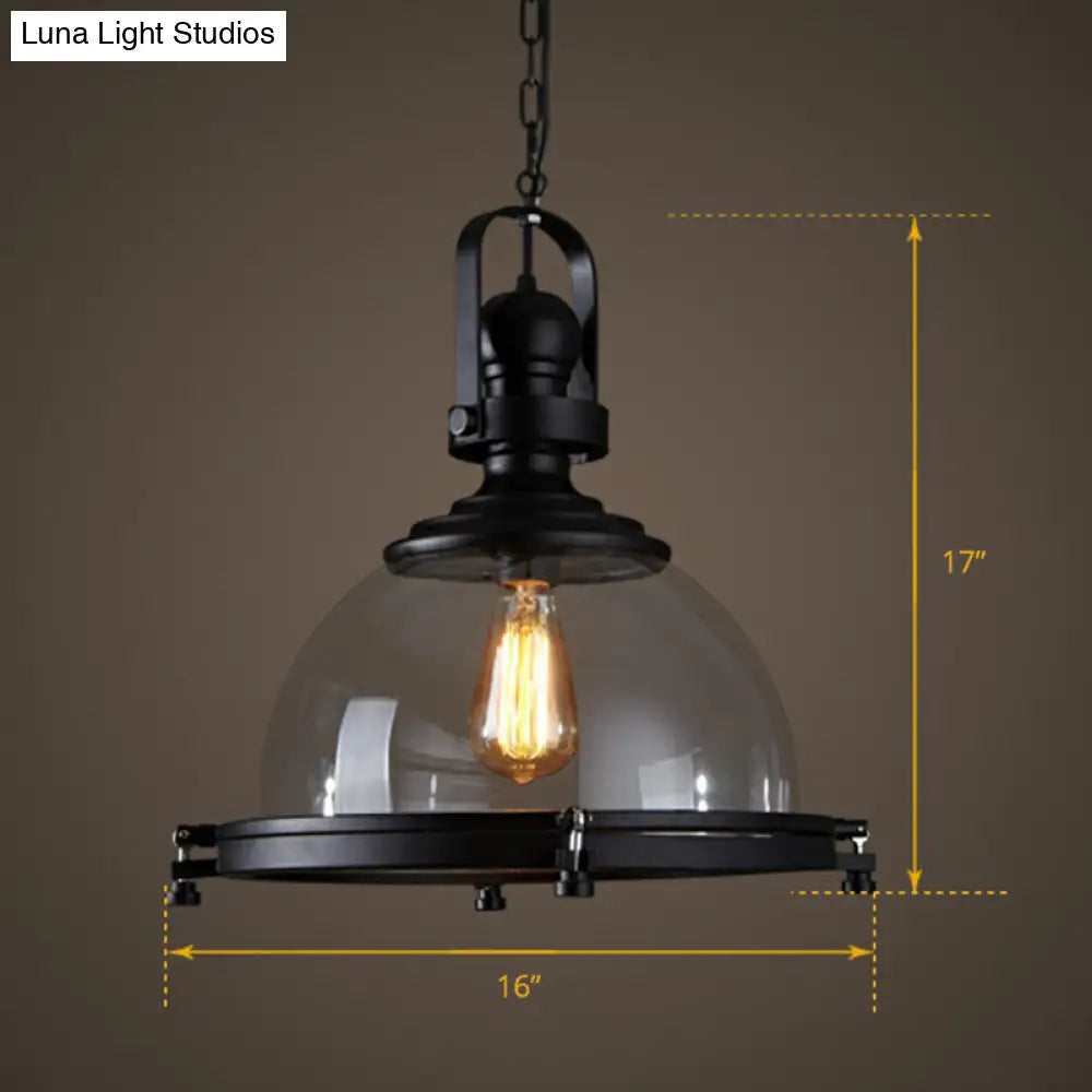 Black Glass Hanging Light with Thick Dome Design - Stylish 1" Bulb Restaurant Pendant Fixture