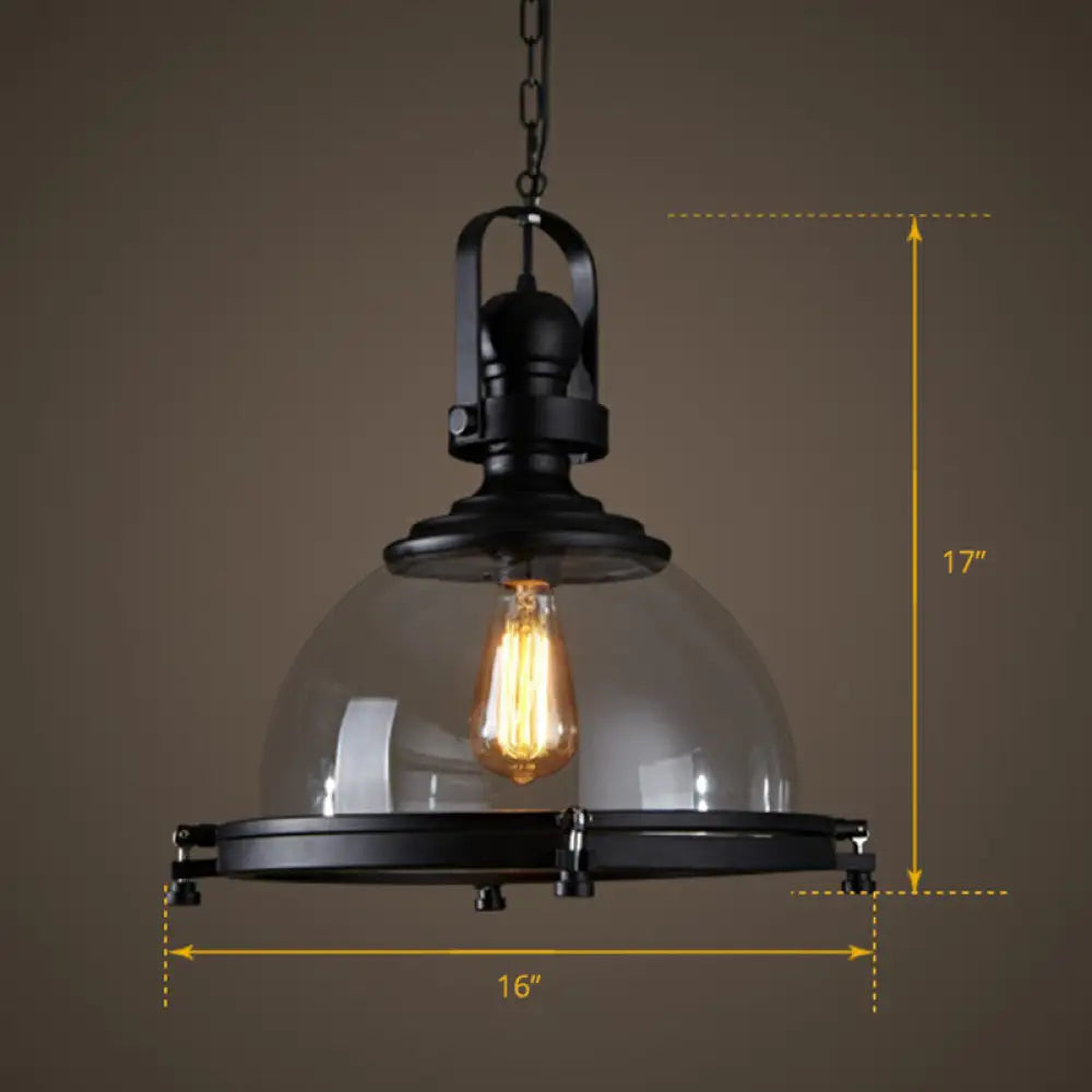 Black Glass Hanging Light with Thick Dome Design - Stylish 1" Bulb Restaurant Pendant Fixture