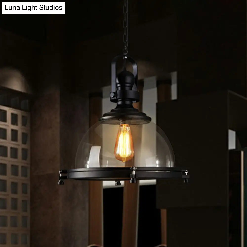 Black Glass Hanging Light with Thick Dome Design - Stylish 1" Bulb Restaurant Pendant Fixture