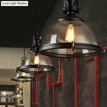 Black Glass Hanging Light with Thick Dome Design - Stylish 1" Bulb Restaurant Pendant Fixture