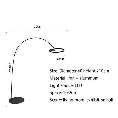 A sleek black and gold arched floor lamp with an iron and aluminum frame and large dimmable led light fixture by decorbites