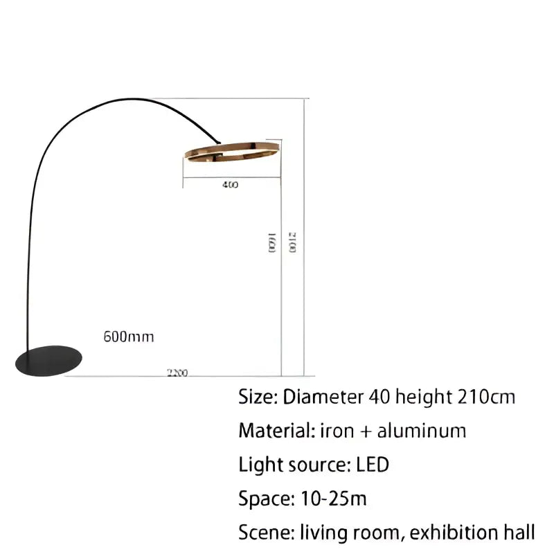 Black and gold arched floor lamp with sleek black base and brass head featuring led light, decorbites grote dimbare model