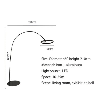 Black and gold arched floor lamp with curved iron and aluminum frame and 60cm light head decorbites grote dimbare