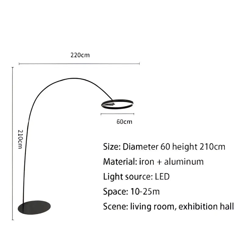 Black and gold arched floor lamp with curved iron and aluminum frame and 60cm light head decorbites grote dimbare