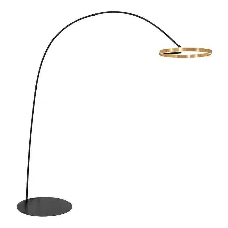Black and gold arched floor lamp with sleek curved metal frame and circular light fixture for decorbites grote dimbare use