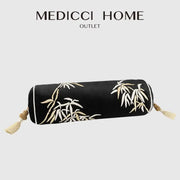 Black cylindrical bolster pillow cover with gold and white bamboo leaves embroidery and tassels for bedroom decor