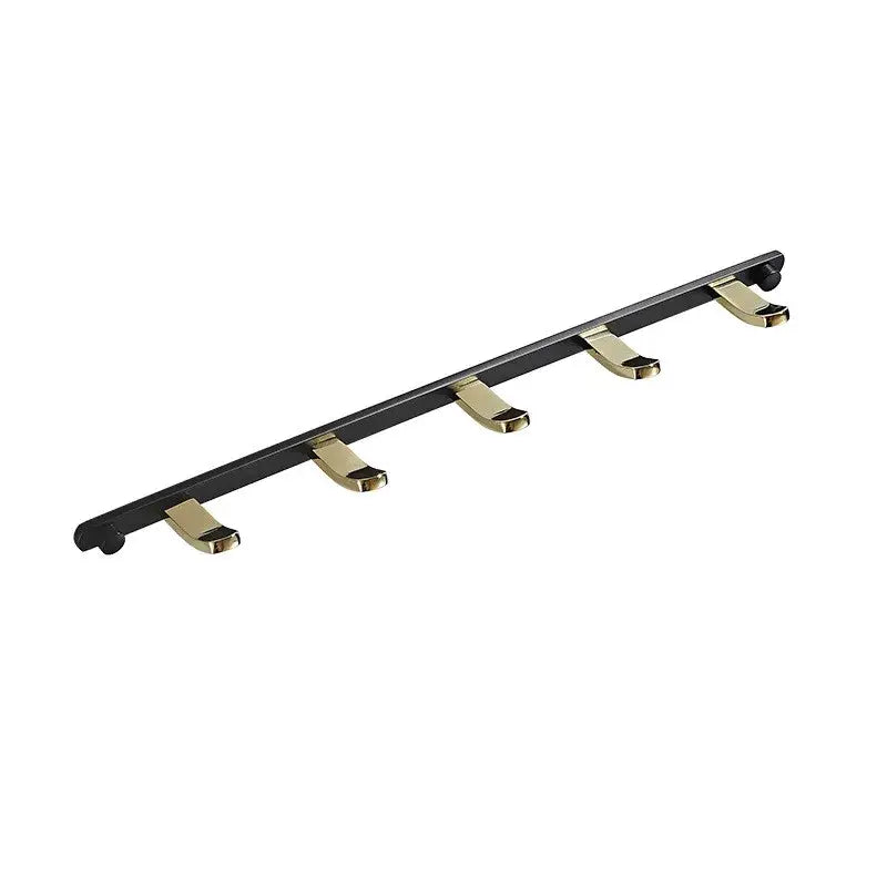 Black gold brass robe rack wall mounted with five gold-toned hooks for bathroom towel storage by decorbites