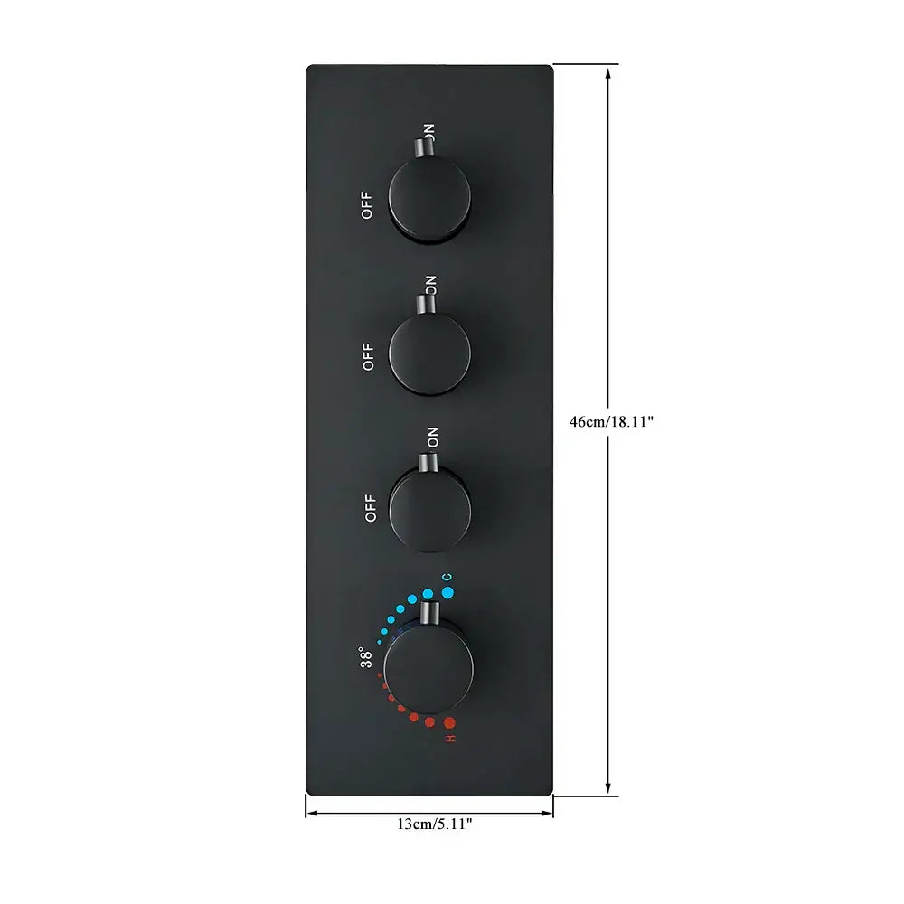 Black matte brass thermostatic faucet mixer with three knobs for temperature and flow in bathroom shower decorbites design