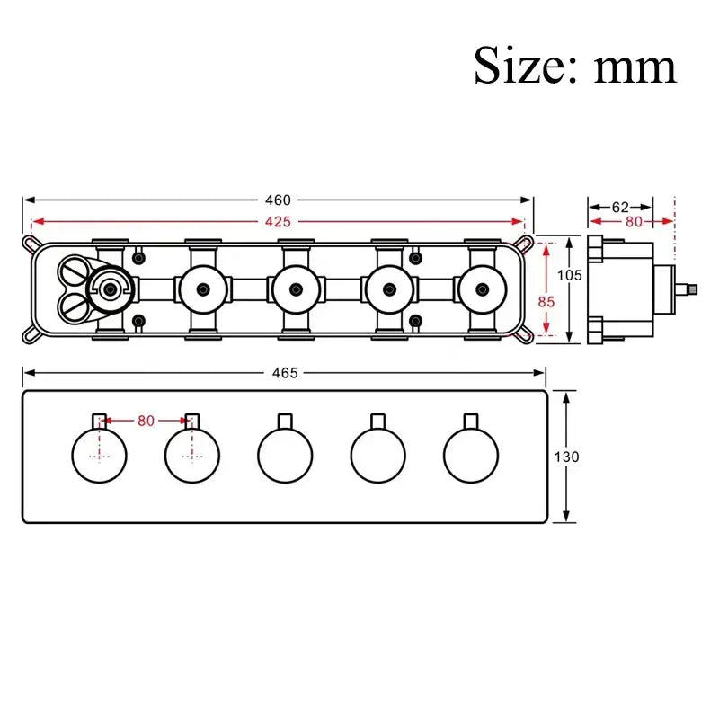 Technical schematic diagram of black and gold brass thermostatic faucet mixer with precise dimensional annotations in millimeters