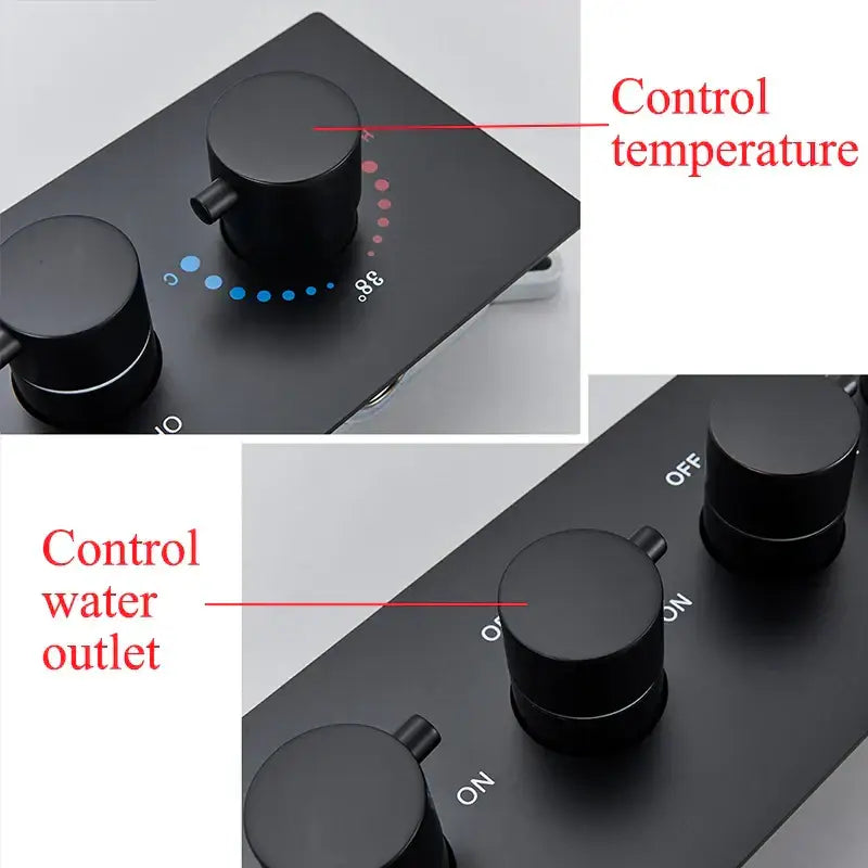 Black matte-finish control knobs for decorbites brass thermostatic faucet mixer with temperature and water outlet settings