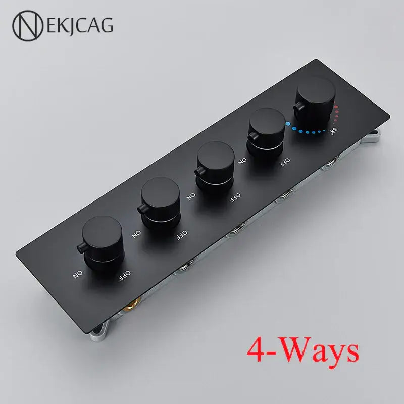 Black matte 4-way brass thermostatic faucet control panel with four rotary knobs and blue led indicators for showers