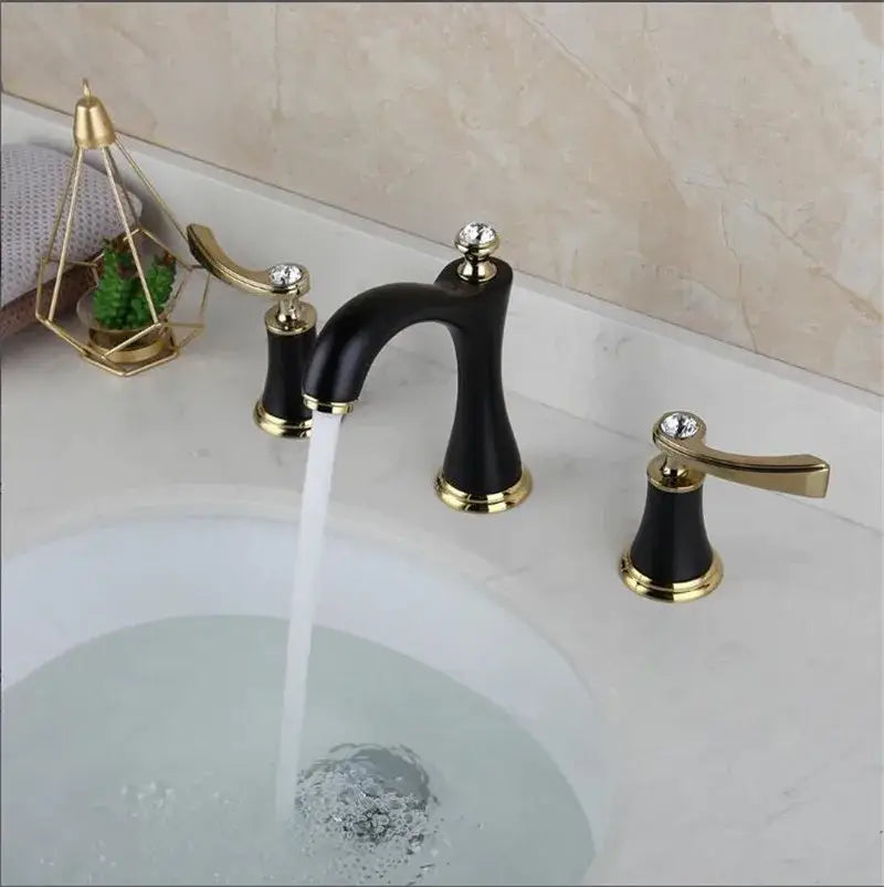 Black and gold crystal waterfall brass bathroom sink faucet with crystal accents for gold brass bathroom decor