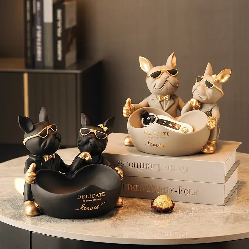 Black and gold french bulldog butler statue with sunglasses and bow ties holding heart-shaped bowls desk organizer
