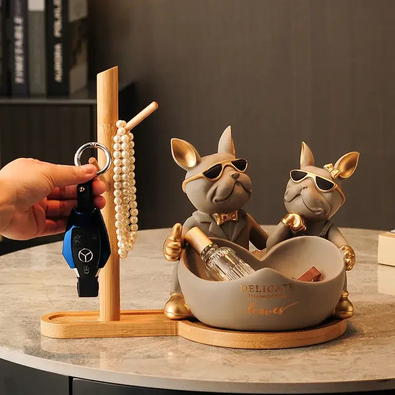 Gray and gold french bulldog butler statue in suits with sunglasses holding champagne bottle for office desk organizer