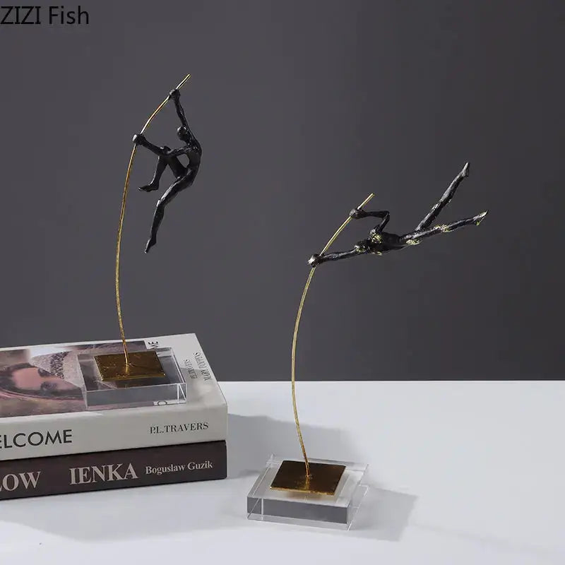 Two black and gold gymnastic acrobat resin sculpture figurines on clear acrylic bases for living room decorbites decor