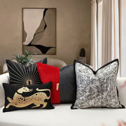 Black cushion with gold-embroidered leopard design in embroidery pillow covers for living room decor