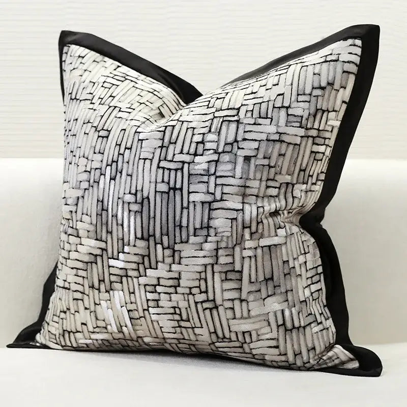 Square black and silver woven embroidery pillow cover with sleek satin border for living room decor pillow covers