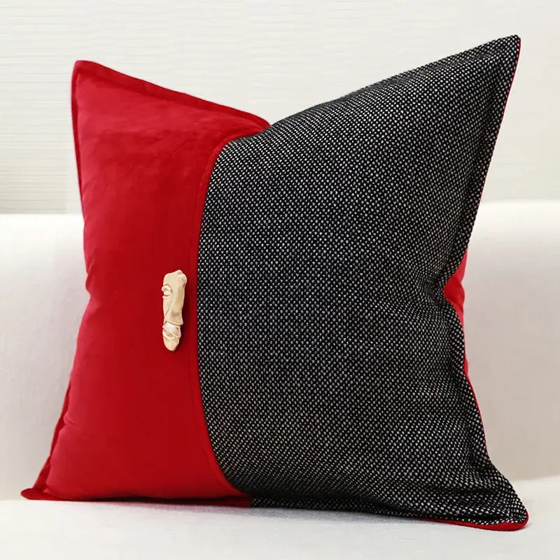 Black and gold leopard embroidery pillow covers with bold red and black two-tone cushion featuring textured weave and velvet