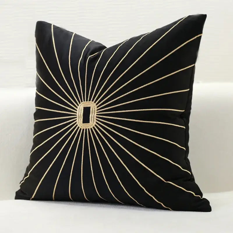 Black satin embroidery pillow cover with gold thread sunburst design for elegant living room decor pillow covers