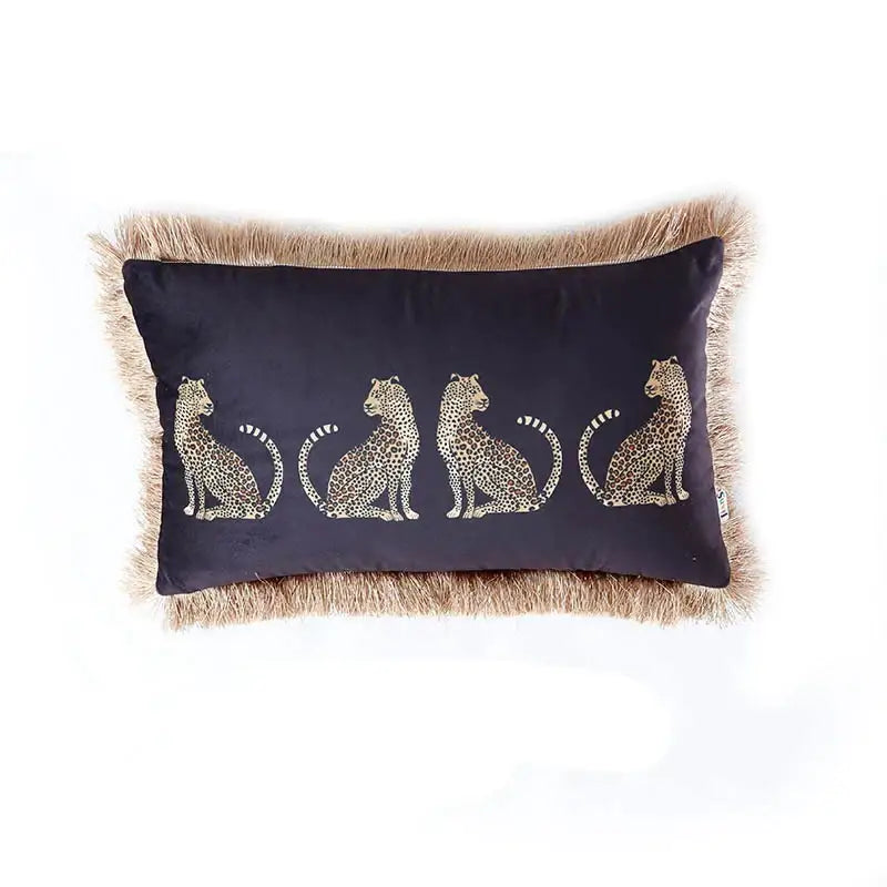 Black velvet rectangular throw pillow cover with gold leopard embroidery and tan fringe tassels for living room use
