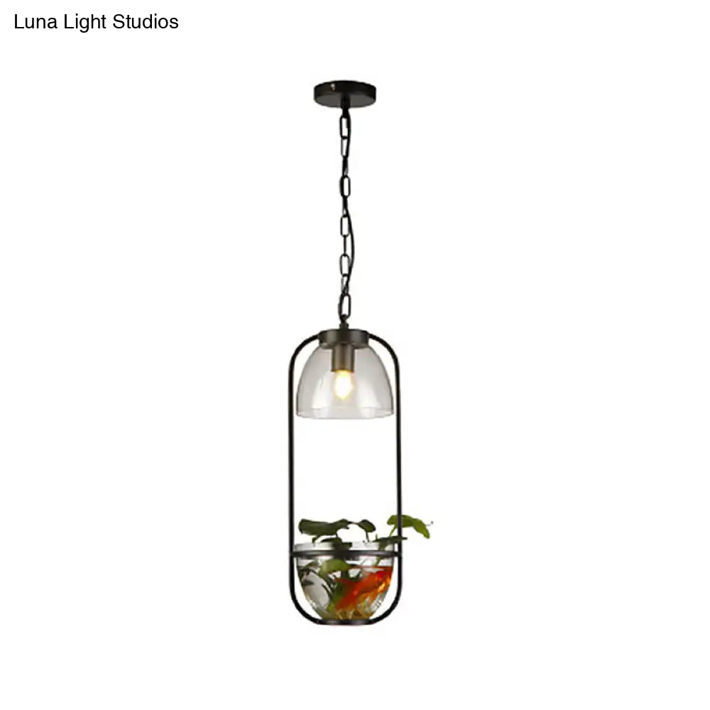 Black/Gold Oblong Pendant Lamp with Clear Glass Shade and Fish Bowl - Perfect for Dorm Rooms and Rural Décor