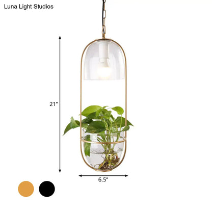 Black/Gold Oblong Pendant Lamp with Clear Glass Shade and Fish Bowl - Perfect for Dorm Rooms and Rural Décor