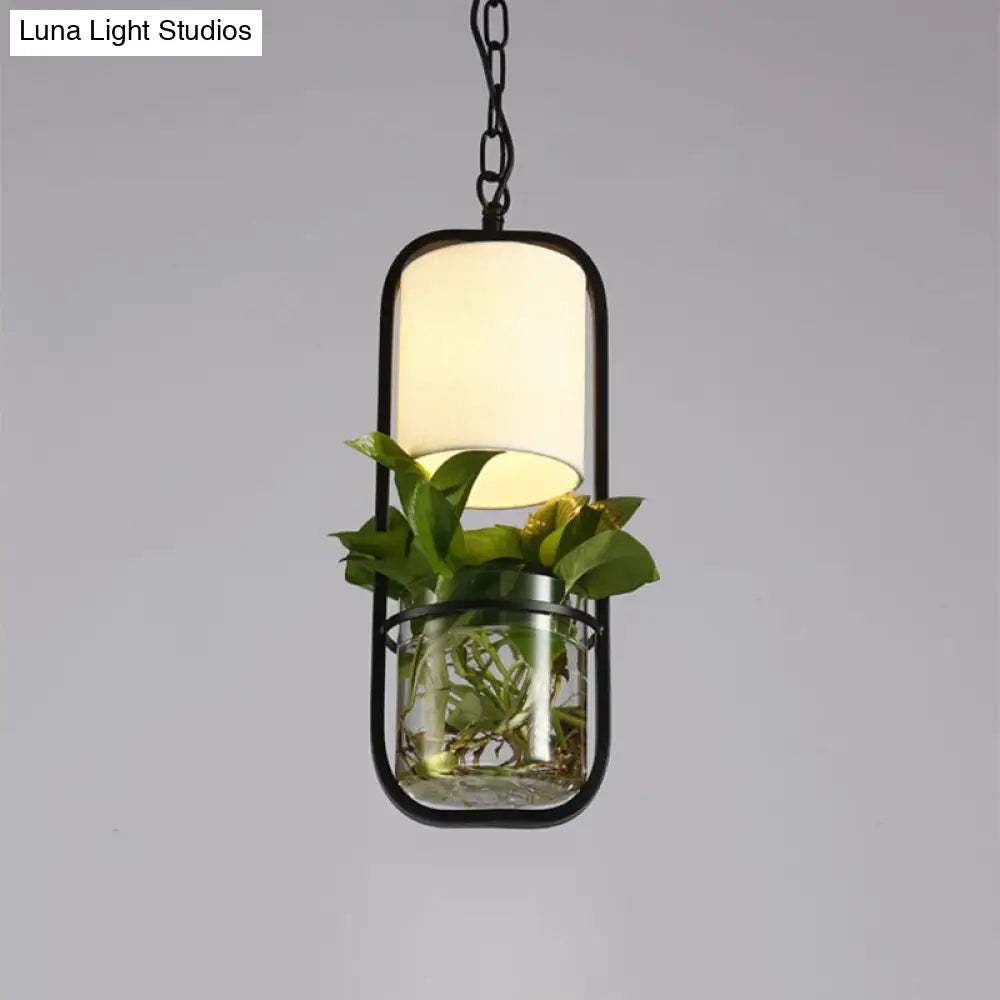 Black/Gold Suspension Lamp with Fabric Barrel Shade and Glass Bell Pendant