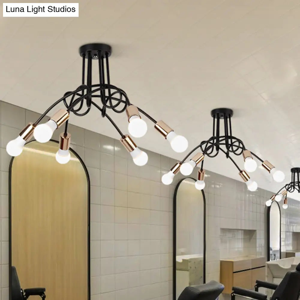 Lámpara de techo semiempotrada industrial trenzada negra/dorada DecorBites™ con bombilla expuesta - 3/5/6 luces, luminaria metálica