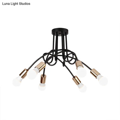 Lámpara de techo semiempotrada industrial trenzada negra/dorada DecorBites™ con bombilla expuesta - 3/5/6 luces, luminaria metálica