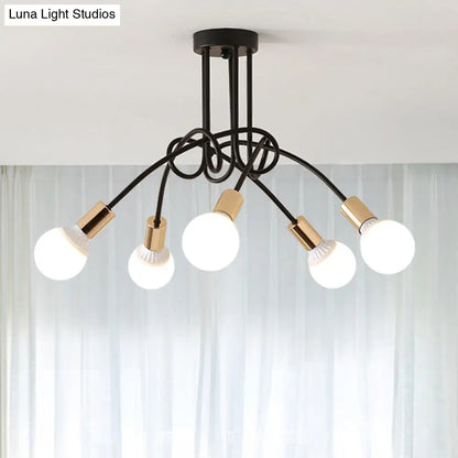 Lámpara de techo semiempotrada industrial trenzada negra/dorada DecorBites™ con bombilla expuesta - 3/5/6 luces, luminaria metálica