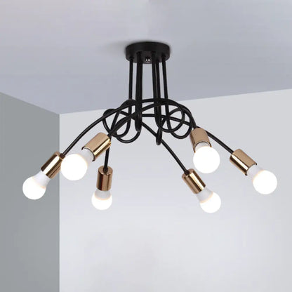 Lámpara de techo semiempotrada industrial trenzada negra/dorada DecorBites™ con bombilla expuesta - 3/5/6 luces, luminaria metálica