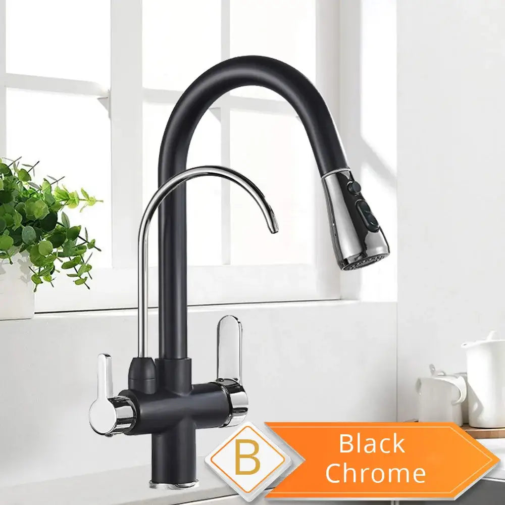 Black chrome kitchen faucet with sleek curved spout and pull-down spray head for water filter kitchen use