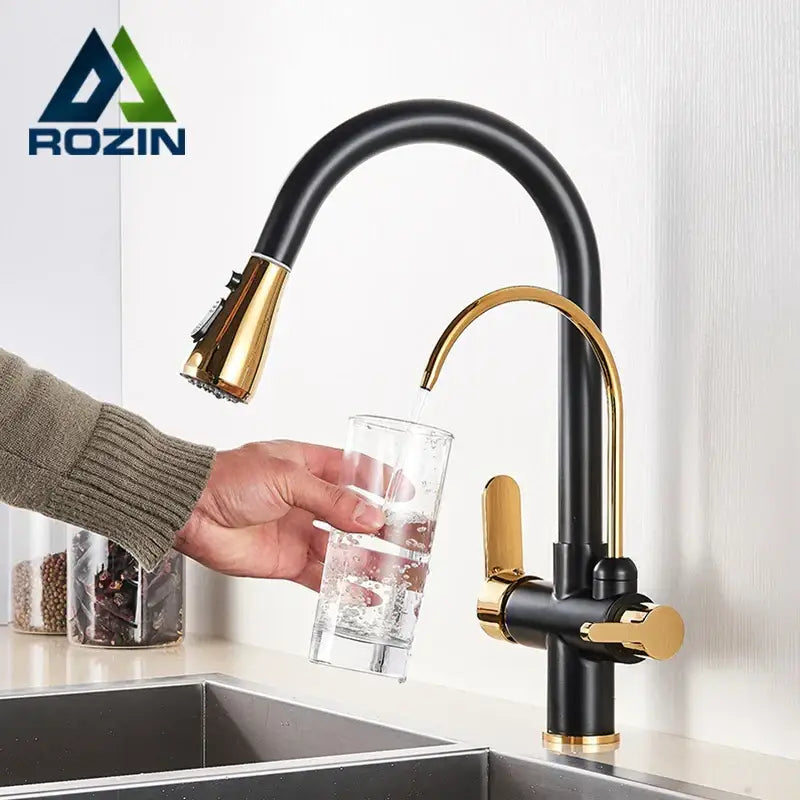 Black and gold pull out filter kitchen faucet with curved spout and water filter for efficient kitchen use