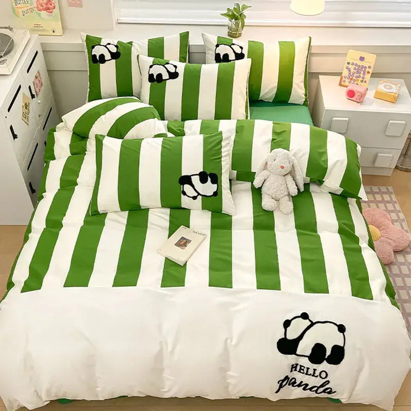 Black and gray cat embroidery stripes bedding set with green and white striped panda-themed pillows and duvet cover