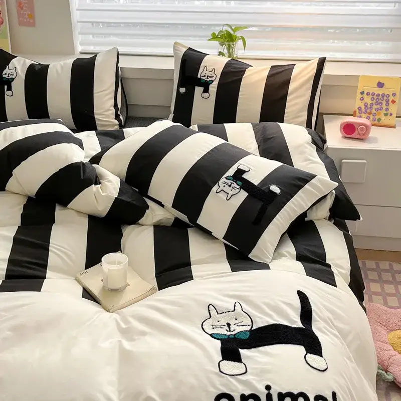Black and gray cat embroidery stripes bedding set with black and white striped cat-themed duvet cover
