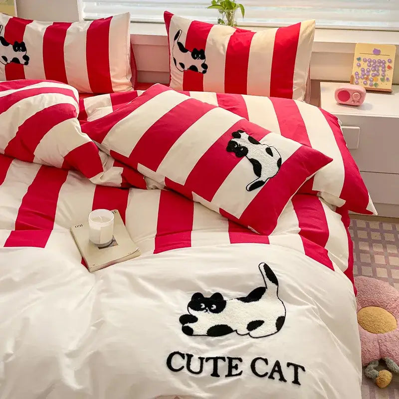Red and white striped bedding set with black and white cat embroidery and cute cat text on duvet cover featuring cat embroidery stripes